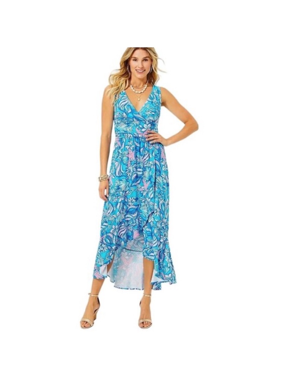 Lilly Pulitzer Moana Wrap Maxi Dress in Amalfi Blue Sound the Sirens EUC